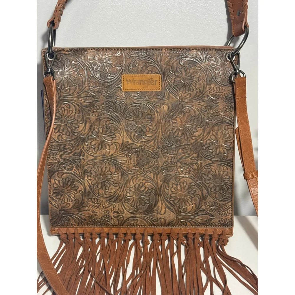 Wrangler Brown Floral Embossed Western Fringe Crossbody Shoulder Bag Cowgirl - Picture 2 of 11